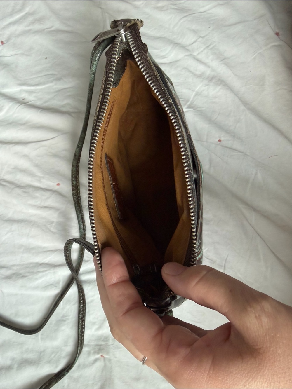 Patricia Nash Teal Brown Tooled Leather Crossbody Bag - Picture 6 of 7